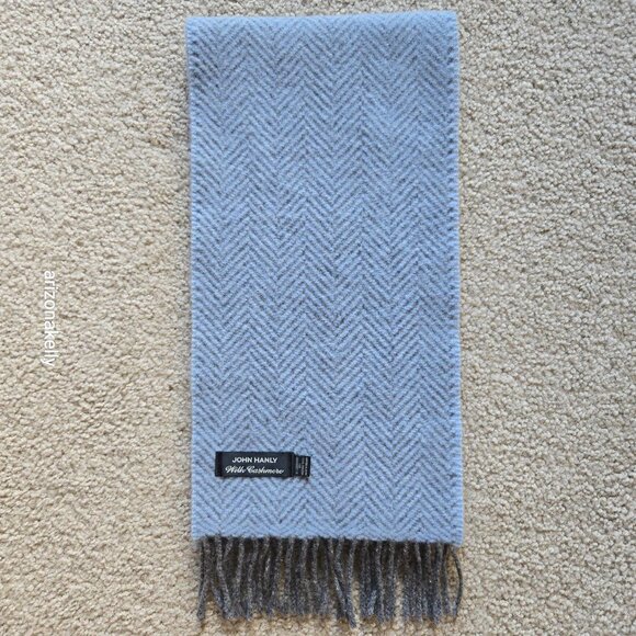 John Hanly Merino Wool & Cashmere Herringbone Scarf Grey Blue Thick Ireland - Picture 7 of 13